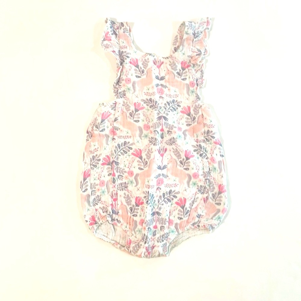 Angel Dear Floral Deer Print One-Piece Romper in White, Pink, Blue